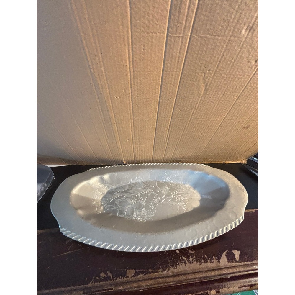Vintage Hand-Hammered Aluminum Serving Tray, Bread Or Relish Tray, Floral Design